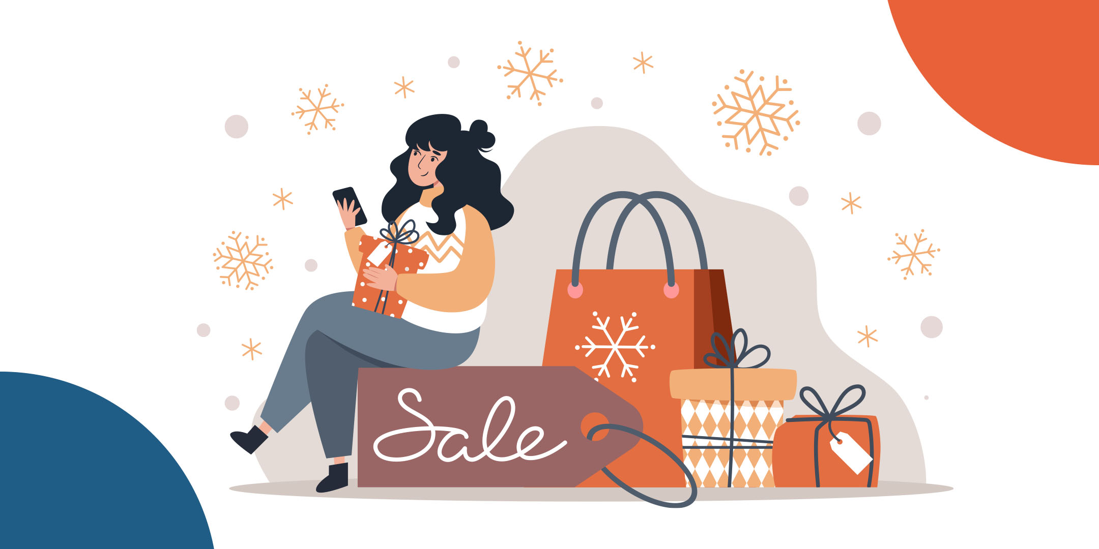 A person looking on their phone while surrounded with presents and snowflakes.