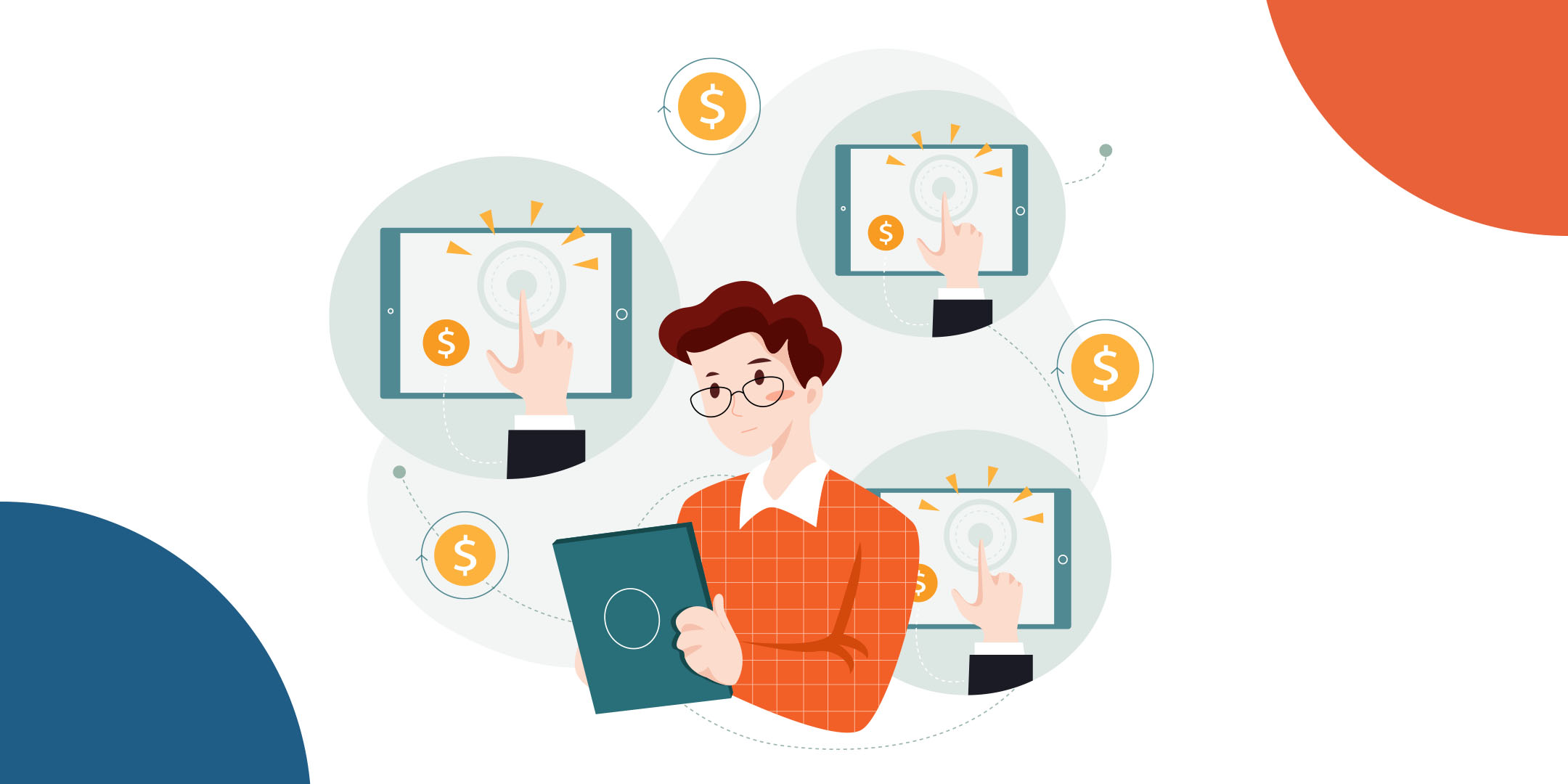 Person surrounded by digital screens with dollar signs on them.