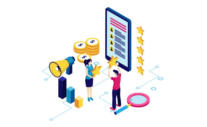 An illustration of two people holding stars while next to a search icon, bar chart, speaker phone, a pile of coins and a tablet with blocked out writing.