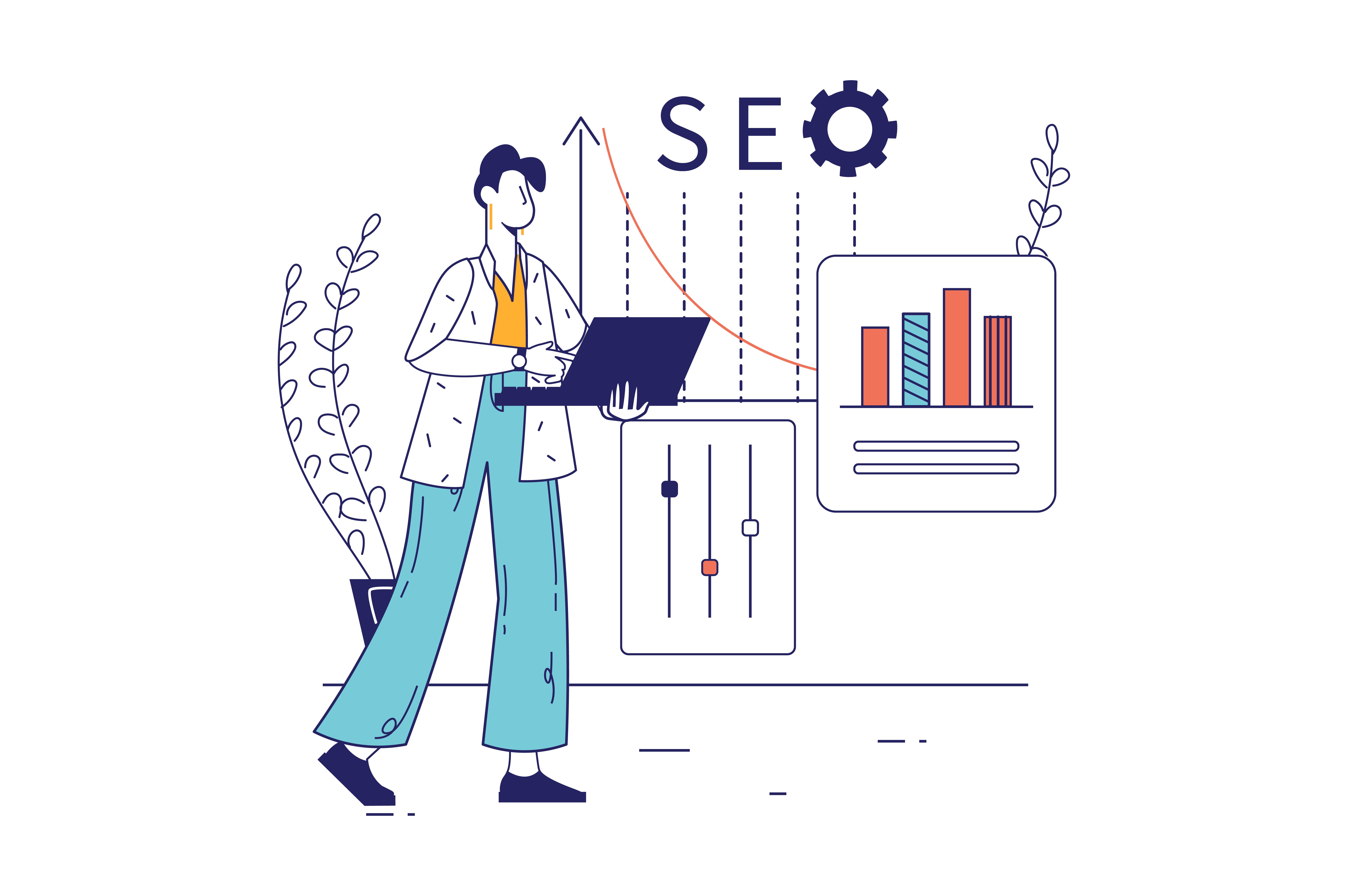 An illustration of a person holding a laptop with upwards graphs in the background. SEO is written in the background.
