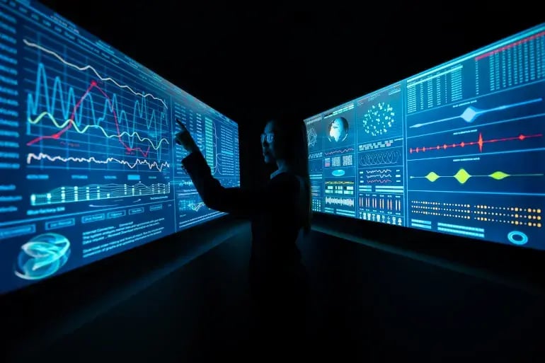 innovation-visual-revops-transformation-digital-technology-the-business-lady-standing-between-blue-screens-with-data
