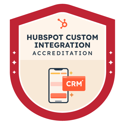 Red badge outline with the words 'HubSpot Custom Integration Accreditation
