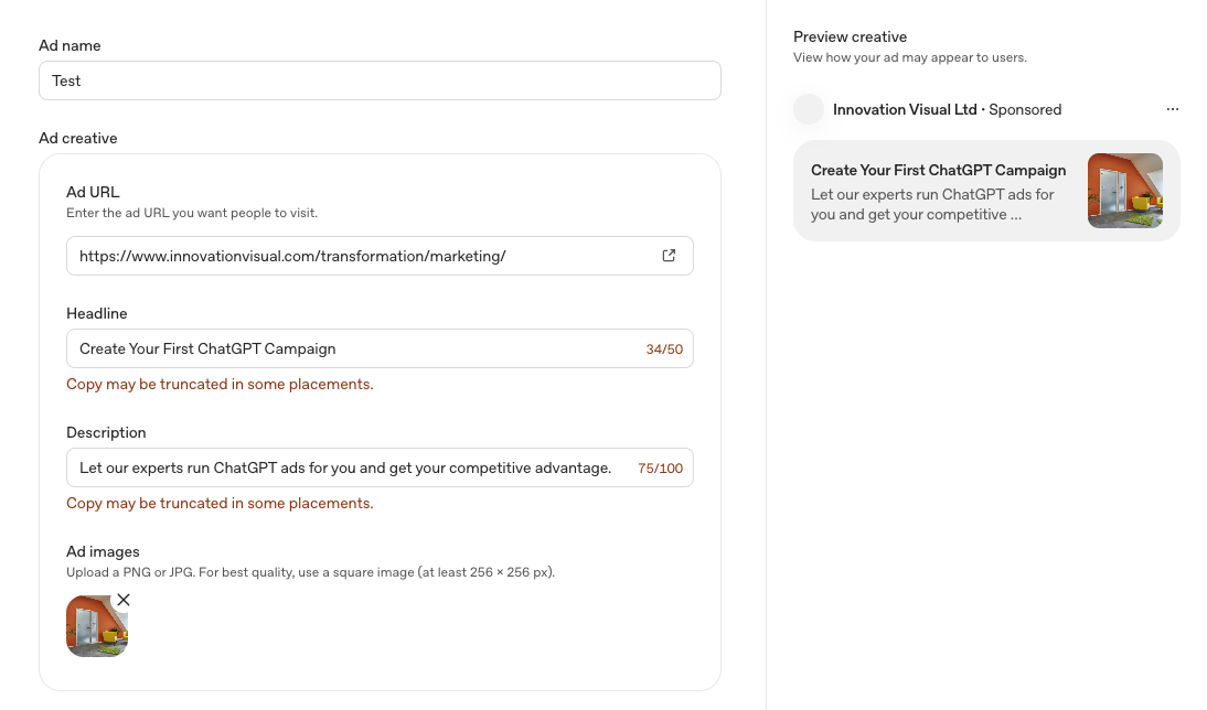 ChatGPT Ad Interface with Innovation Visual Context