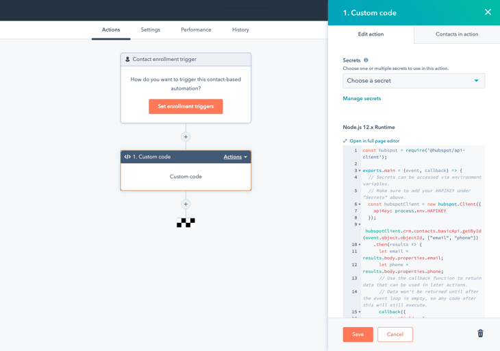 Custom coding action in HubSpot workflow