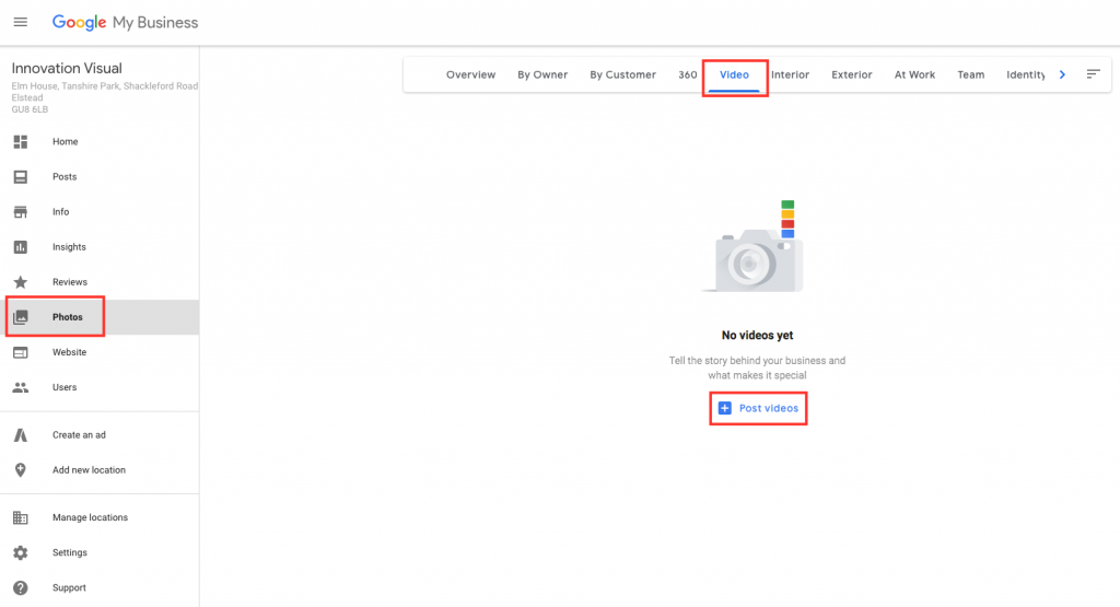 Google My Business Dashboard Video Uploads