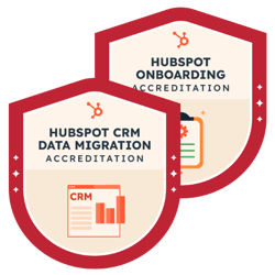 Two red and white shield-shaped digital badges. The front badge reads “HubSpot CRM Data Migration Accreditation” with an icon of a CRM dashboard. The badge behind it reads “HubSpot Onboarding Accreditation” with an icon of a clipboard and gear. These are Innovation Visual HubSpot Accreditations
