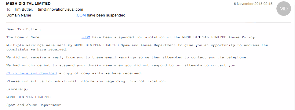 Screenshot of a scam email related to web domain being suspended