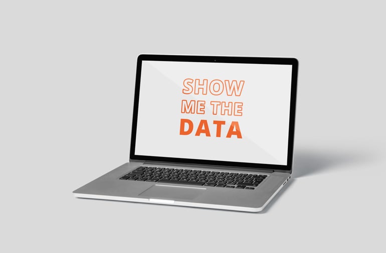 Innovation Visual on Ecommerce Analytics: Laptop shows 'Show me the data'