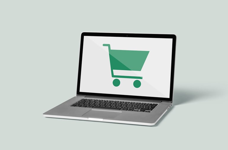 Innovation Visual on Ecommerce Analytics: Laptop shows online shopping cart icon