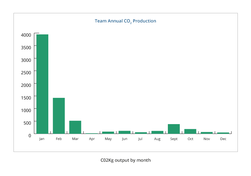 Bar graph displaying CO2 Kg output by month in 2020