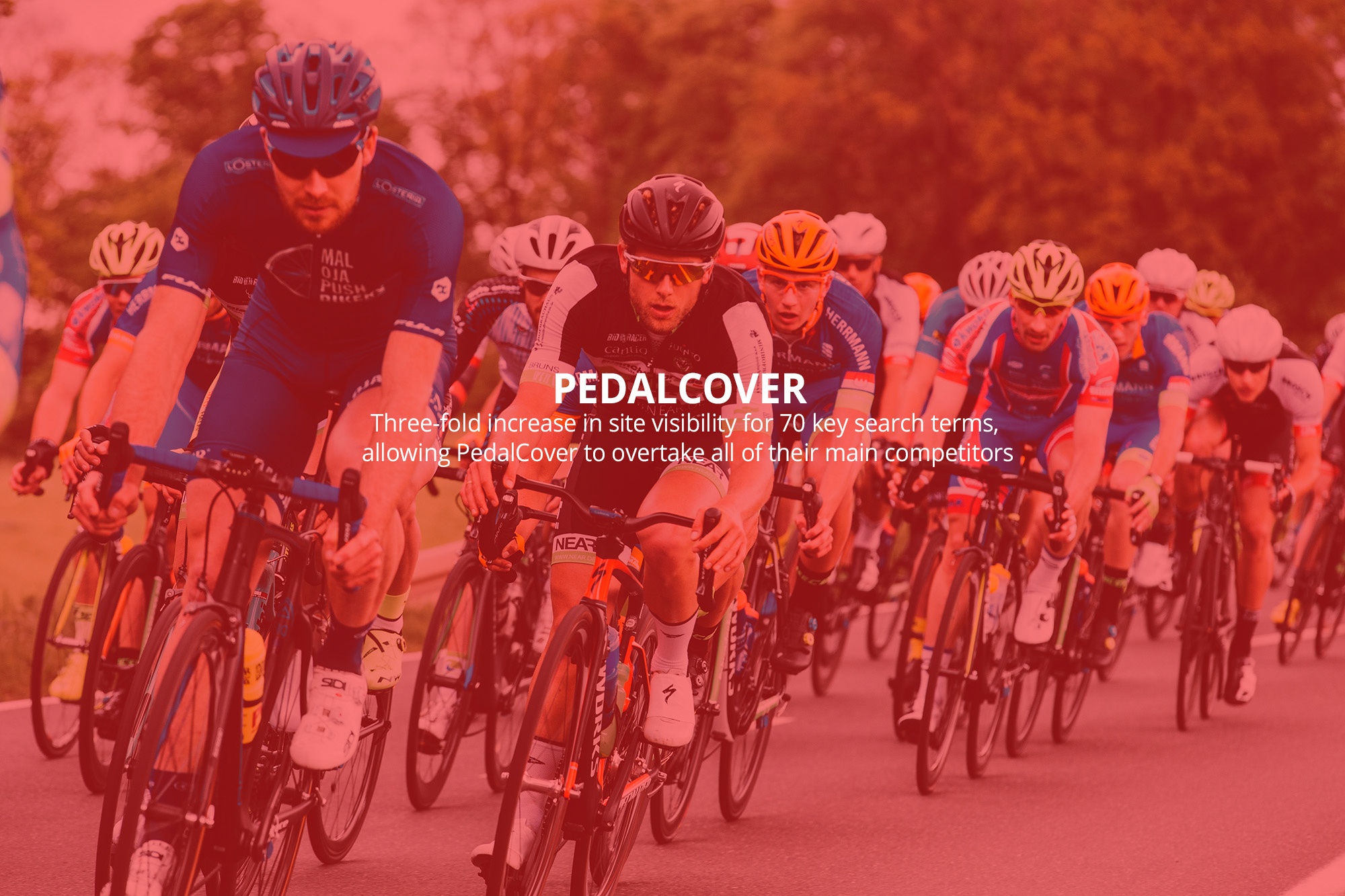 PedalCover hree-fold increase in site visibility for 70 key search terms, allowing PedalCover to overtake all of their main competitors