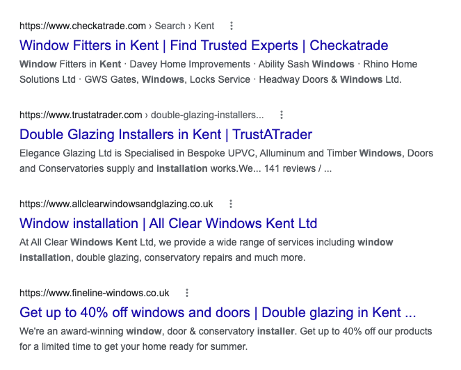 Commercial Intent SERPS results example