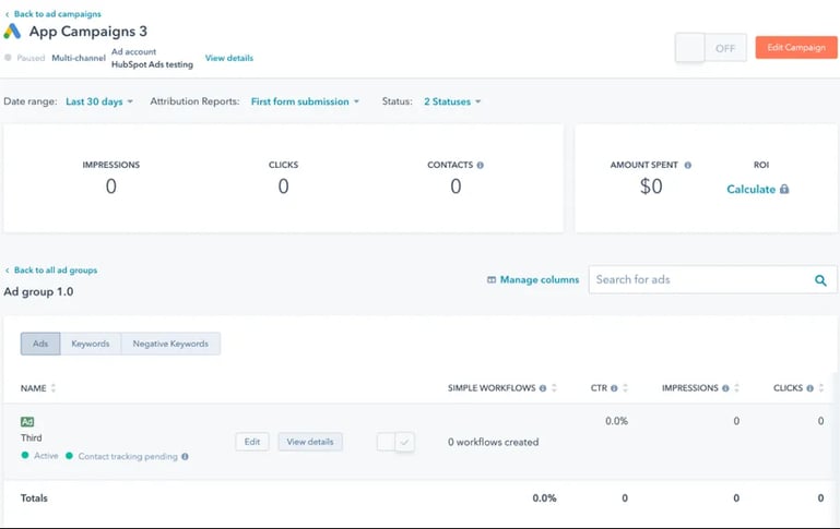 screenshot of Hubspot ads automation