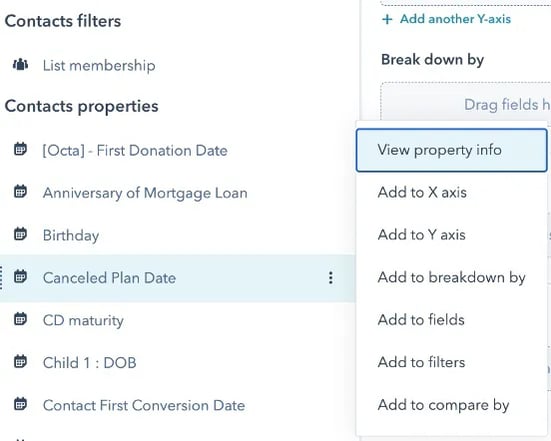 screenshot of Hubspot contacts filters menu