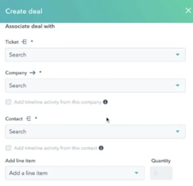 screenshot of Hubspot creating deal menu