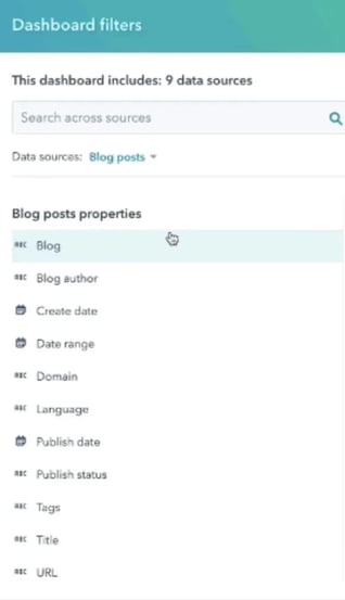 screenshot of Hubspot dashboard filters menu