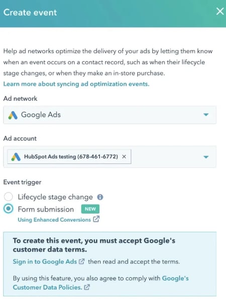 screenshot of Hubspot event making menu