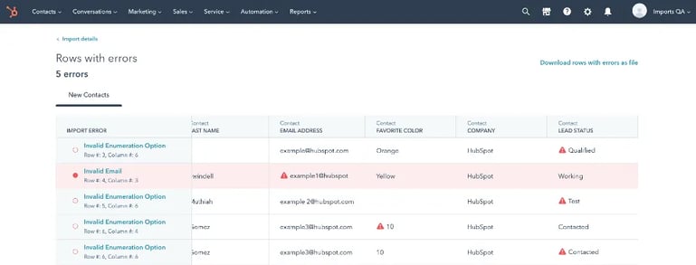 screenshot of Hubspot import errors table