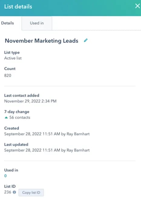 screenshot of Hubspot list details menu