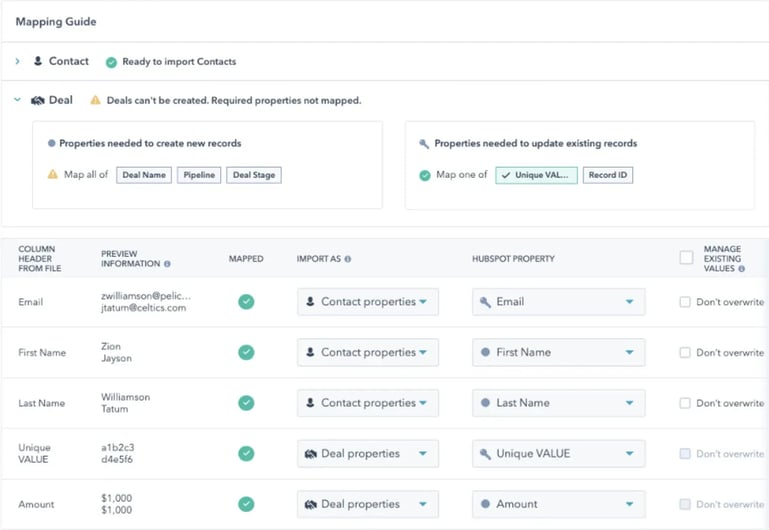 screenshot of Hubspot mapping guide