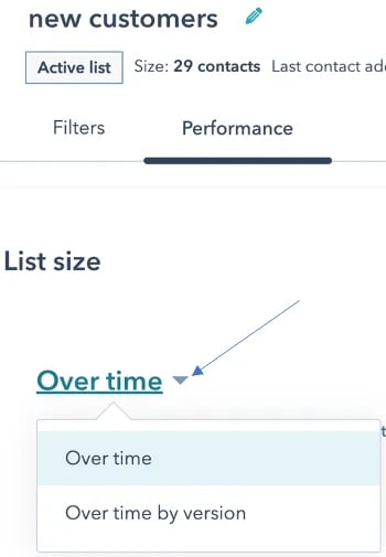 screenshot of Hubspot manage lists menu