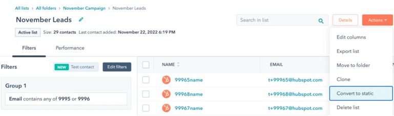 Screenshot of Hubspot static lists