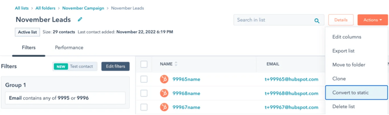 Screenshot of Hubspot static lists