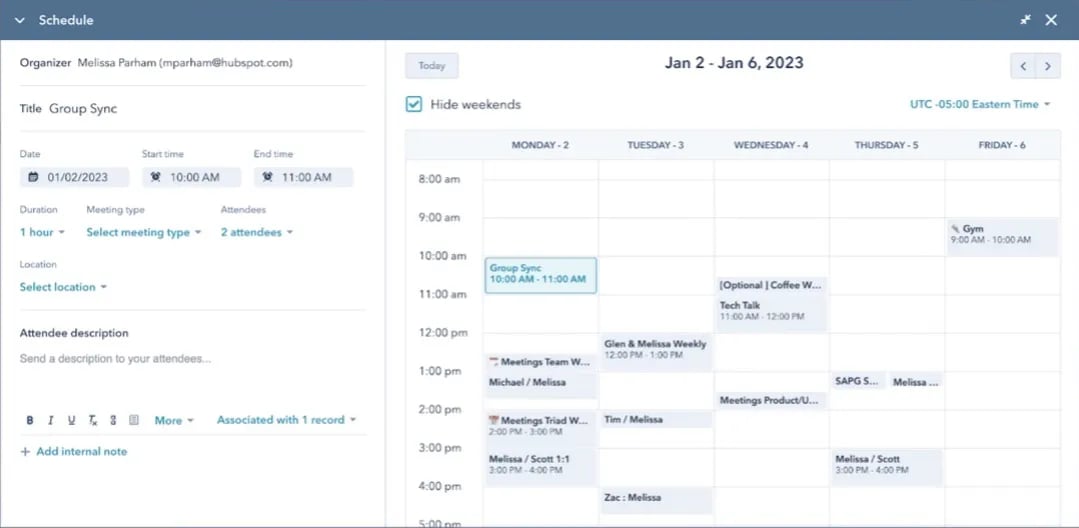 screenshot of Hubspot crm schedule