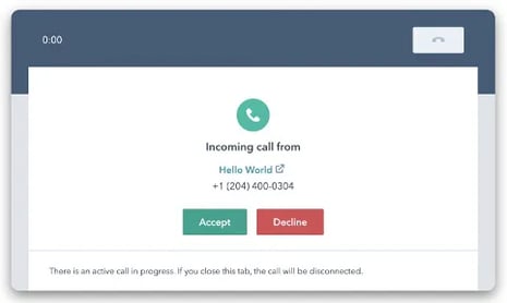 screenshot of Hubspot incoming call pop-up
