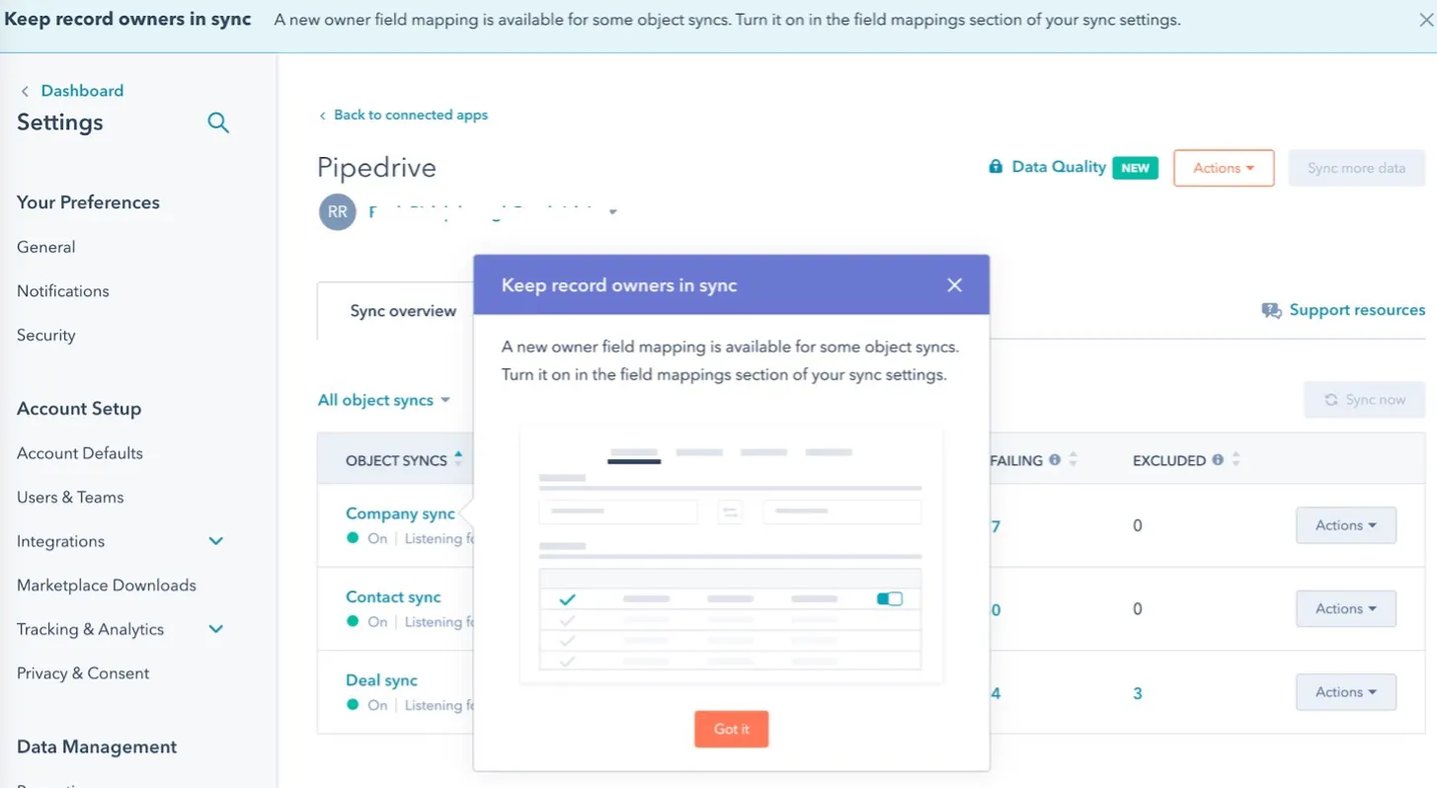 screenshot of Hubspot syncing record owners