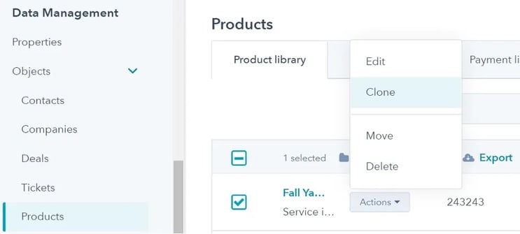 Screenshot of Hubspot clone products menu