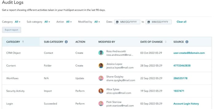 screenshot of Hubspot audit log
