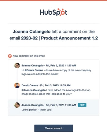 screenshot of Hubspot improved comment notification