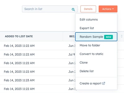 screenshot of Hubspot CRM sample list