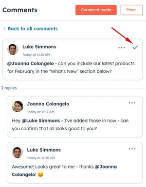 screenshot of Hubspot resolvable comments