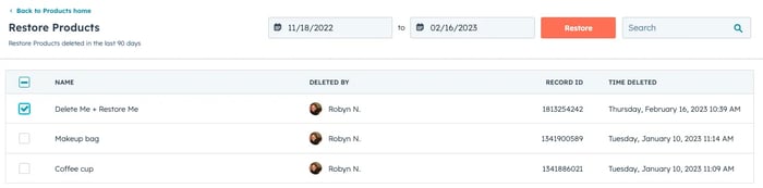 screenshot of Hubspot restore products page