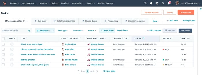 screenshot of Hubspot saved view in tasks