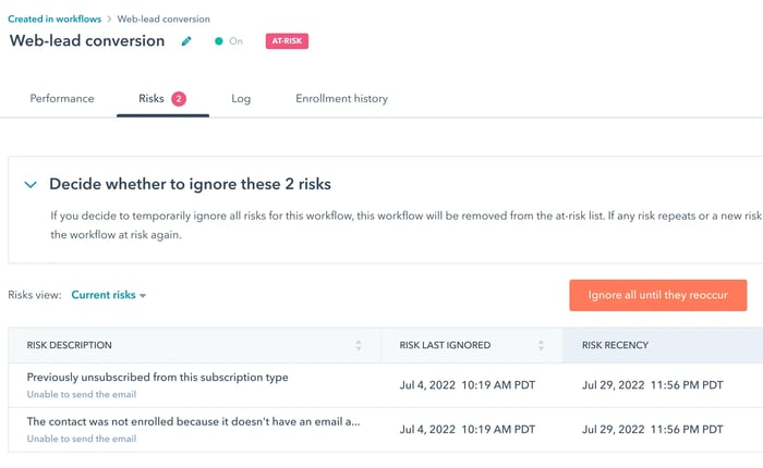 screenshot of hubspot bot filtering status