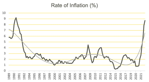graph showing the rate of inflation from 1989 to 2021