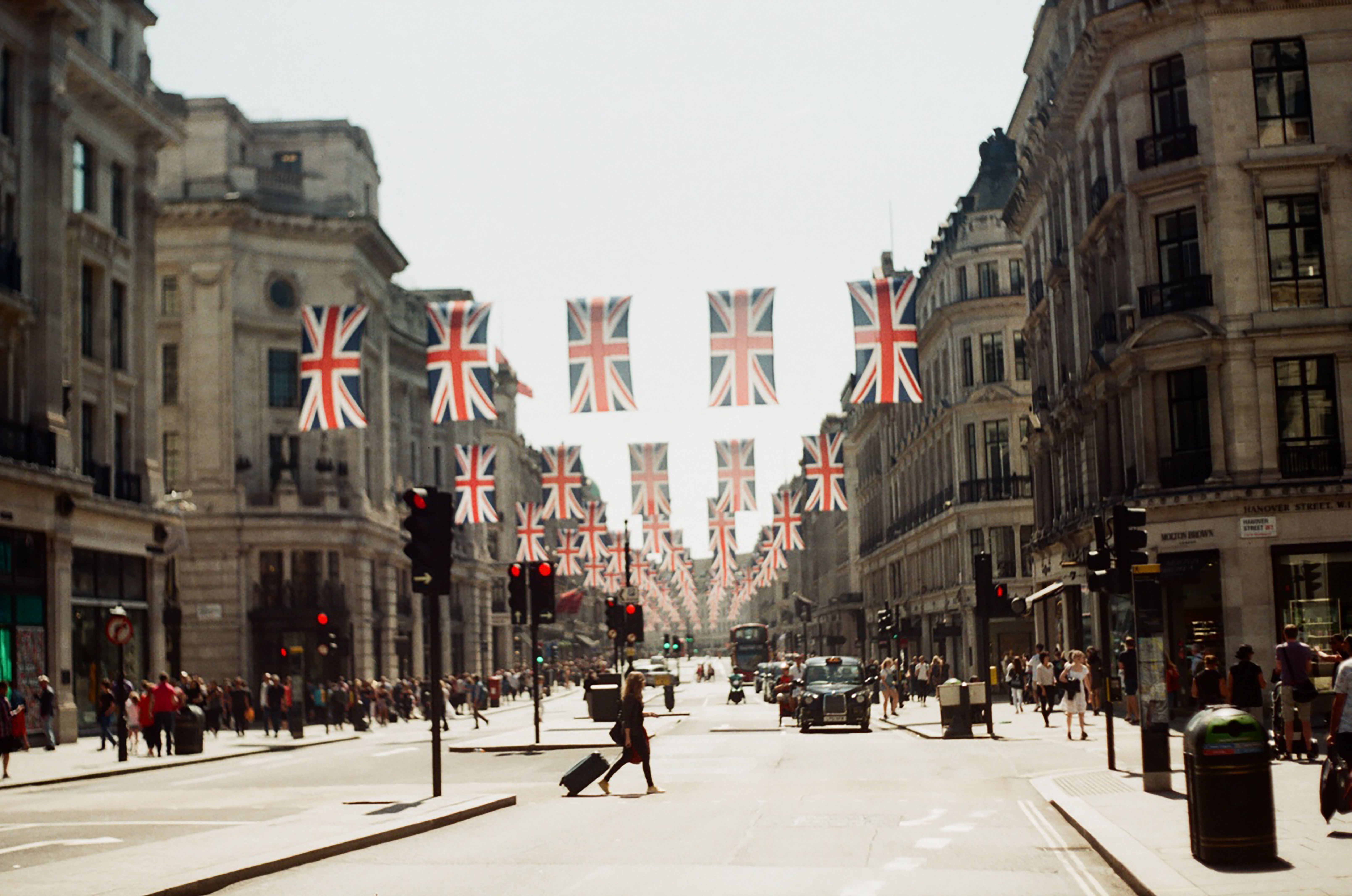 London's Regent Street in summer lined with Union Jack flags