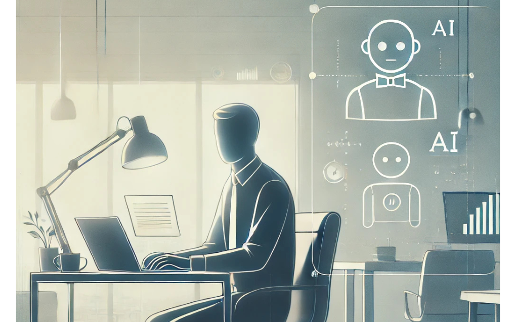 A business professional sits at a modern, minimalistic desk working on a laptop, with simple graphs on a nearby screen and a subtle AI icon in the background, suggesting light technological influence in a clean office setting.