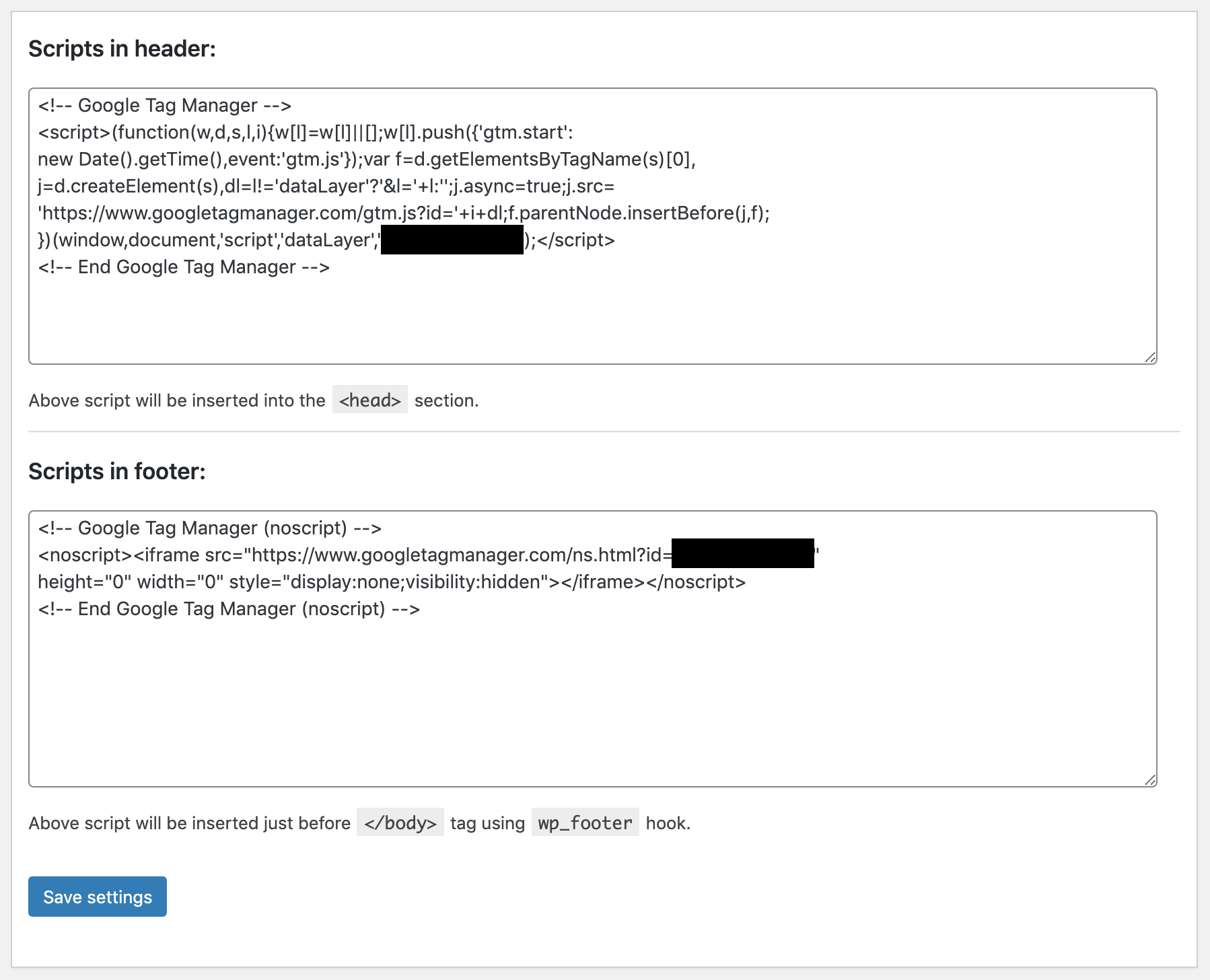 head and footer plugin for installing gtm