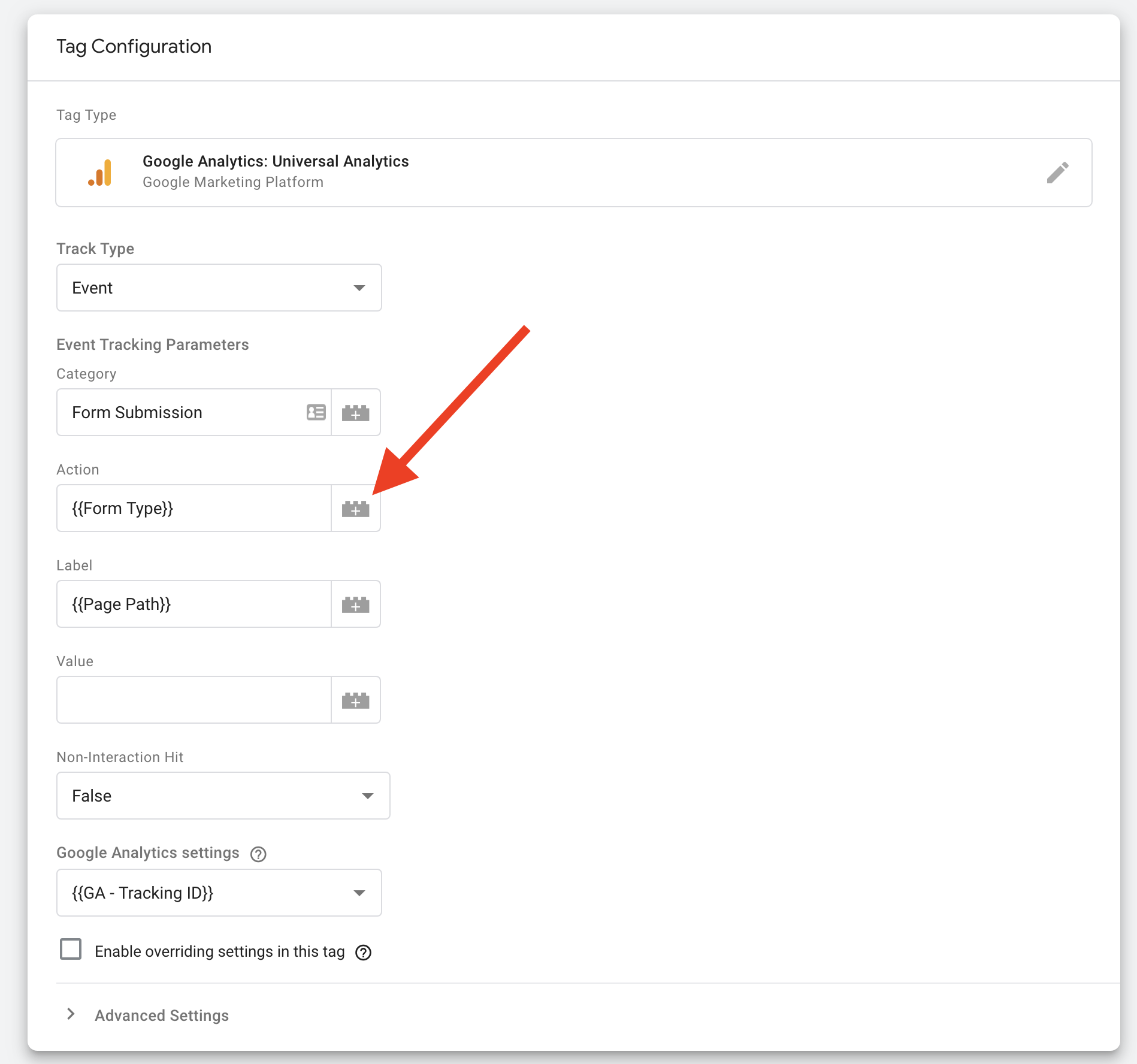 variable as action parameter in gtm