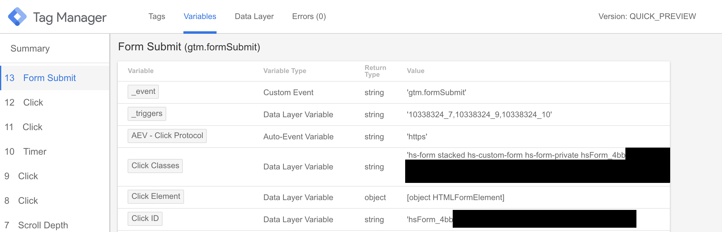 variables on event in gtm