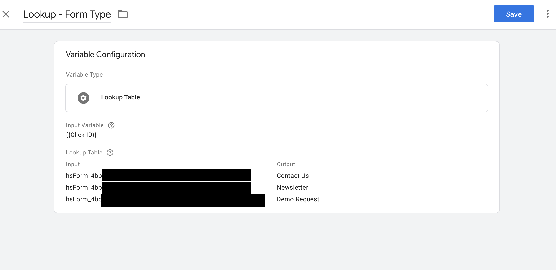 example lookup table for gtm