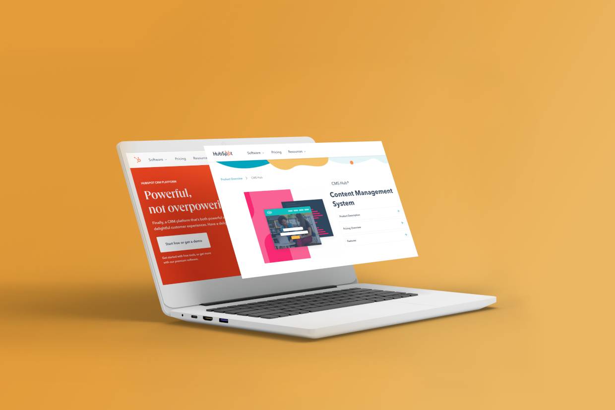 Hubspot CMS updates screen over screen out of laptop concept