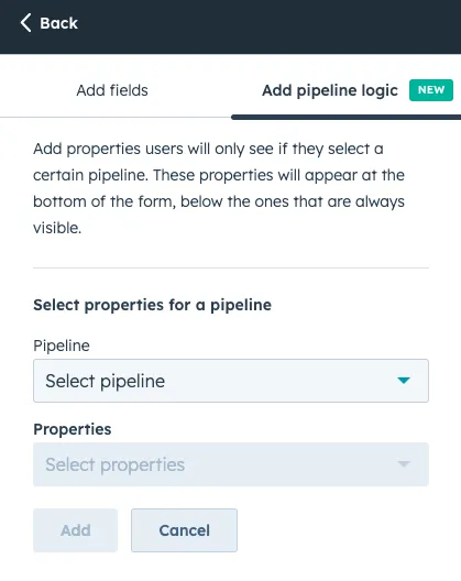 screenshot of Hubspot add pipeline logic tab