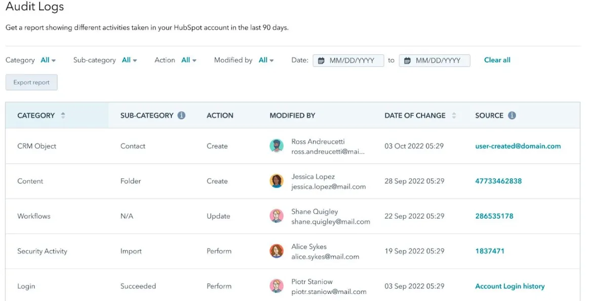 screenshot of Hubspot audit log