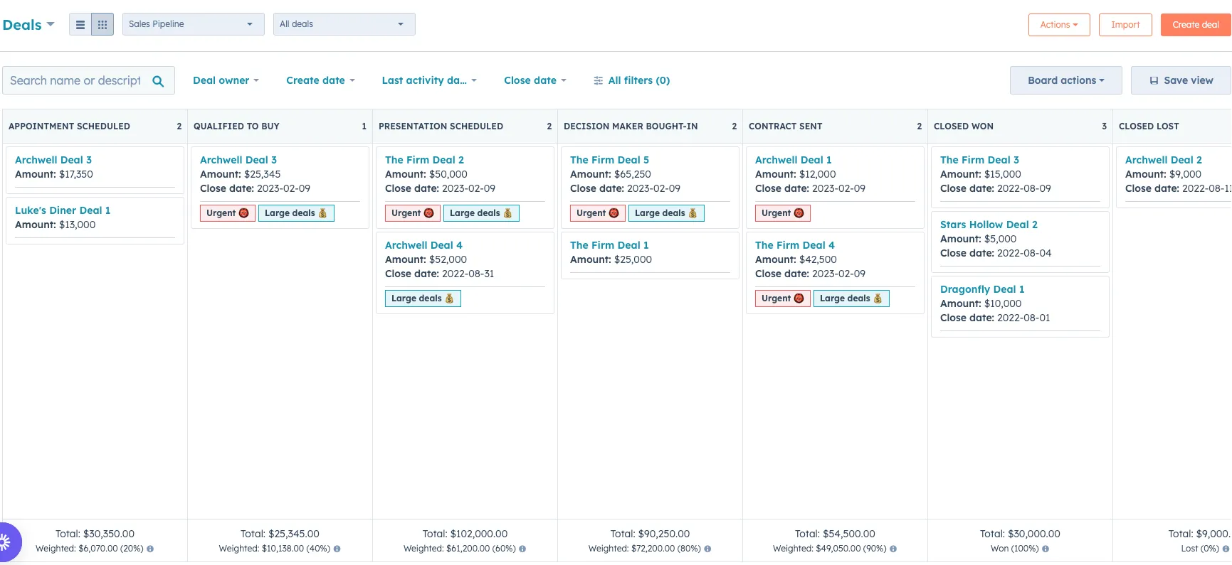 screenshot of HubSpot coloured deal tags