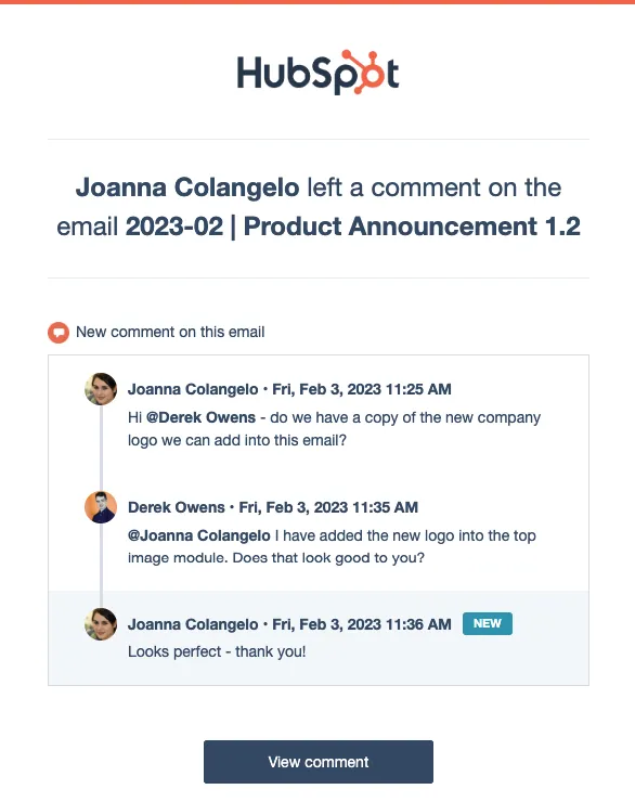 screenshot of Hubspot improved comment notification